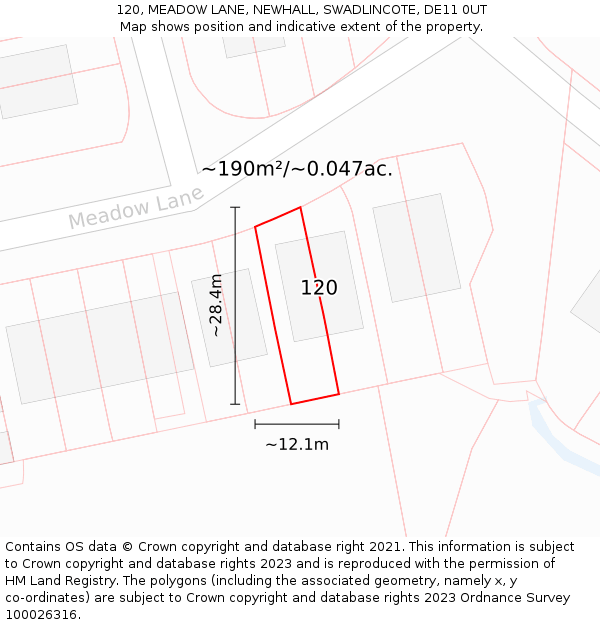 120, MEADOW LANE, NEWHALL, SWADLINCOTE, DE11 0UT: Plot and title map