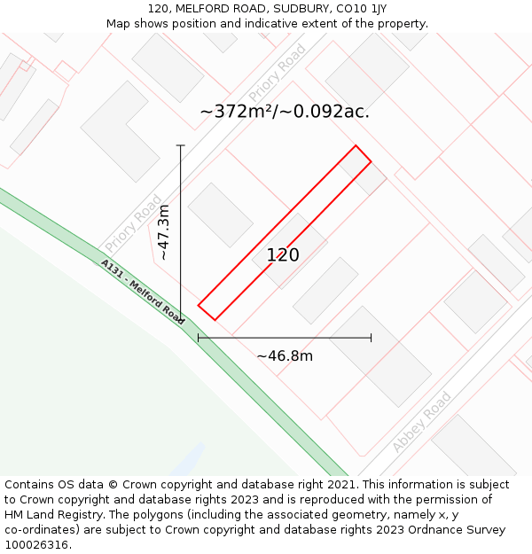 120, MELFORD ROAD, SUDBURY, CO10 1JY: Plot and title map