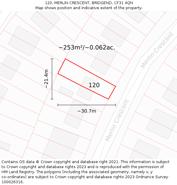 120, MERLIN CRESCENT, BRIDGEND, CF31 4QN: Plot and title map