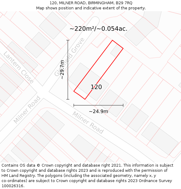 120, MILNER ROAD, BIRMINGHAM, B29 7RQ: Plot and title map