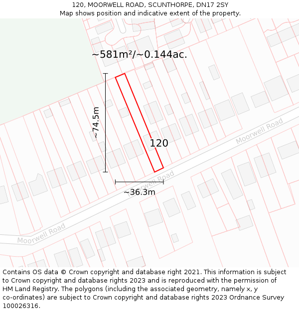 120, MOORWELL ROAD, SCUNTHORPE, DN17 2SY: Plot and title map