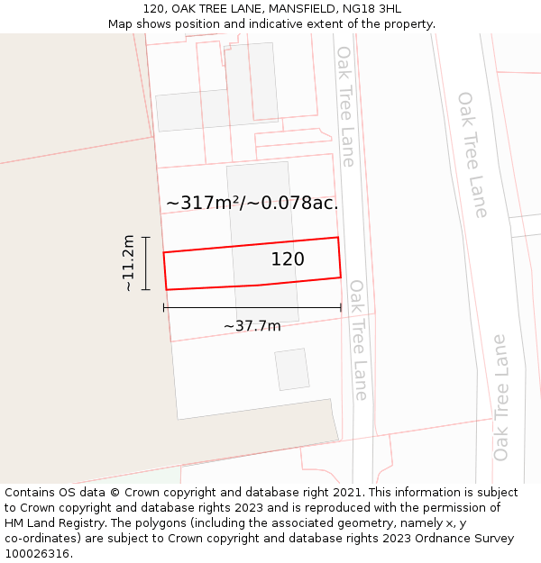 120, OAK TREE LANE, MANSFIELD, NG18 3HL: Plot and title map