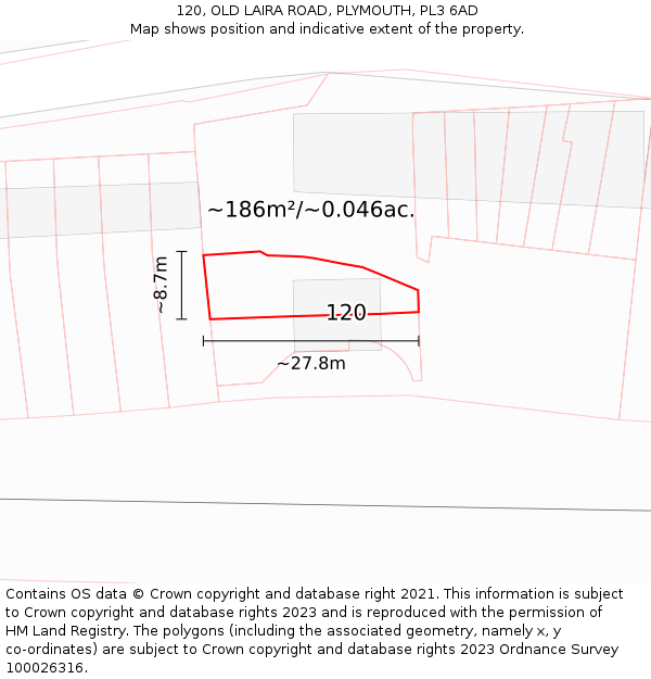 120, OLD LAIRA ROAD, PLYMOUTH, PL3 6AD: Plot and title map