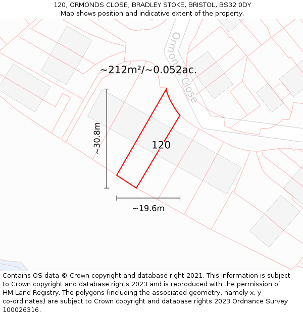 120, ORMONDS CLOSE, BRADLEY STOKE, BRISTOL, BS32 0DY: Plot and title map