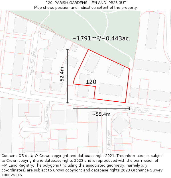 120, PARISH GARDENS, LEYLAND, PR25 3UT: Plot and title map