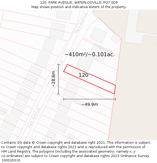 120, PARK AVENUE, WATERLOOVILLE, PO7 5DP: Plot and title map