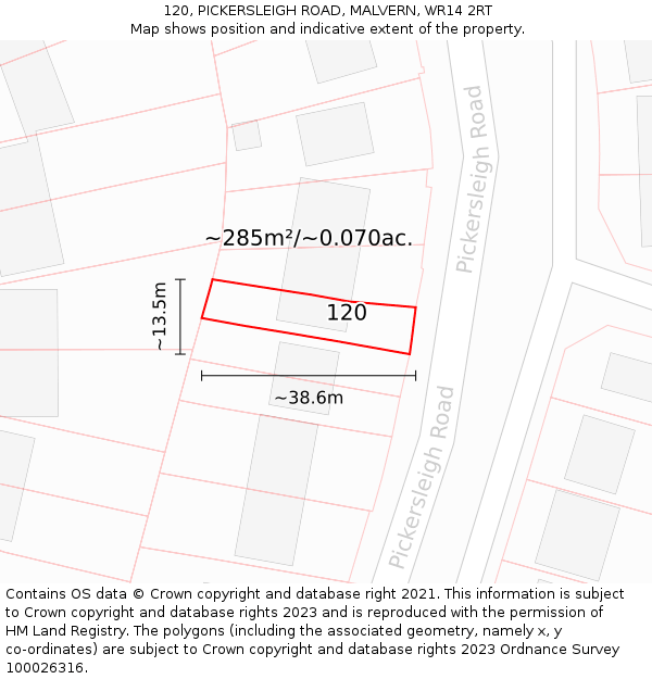 120, PICKERSLEIGH ROAD, MALVERN, WR14 2RT: Plot and title map