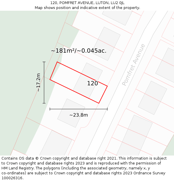 120, POMFRET AVENUE, LUTON, LU2 0JL: Plot and title map