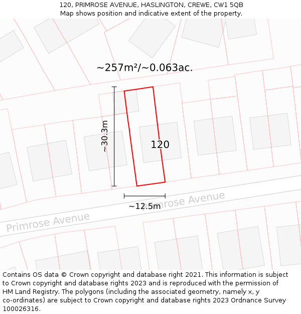 120, PRIMROSE AVENUE, HASLINGTON, CREWE, CW1 5QB: Plot and title map