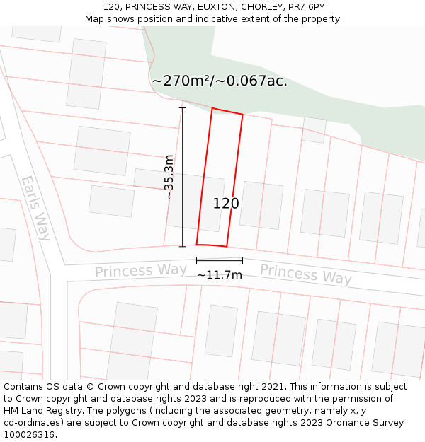 120, PRINCESS WAY, EUXTON, CHORLEY, PR7 6PY: Plot and title map
