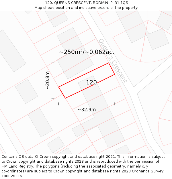 120, QUEENS CRESCENT, BODMIN, PL31 1QS: Plot and title map