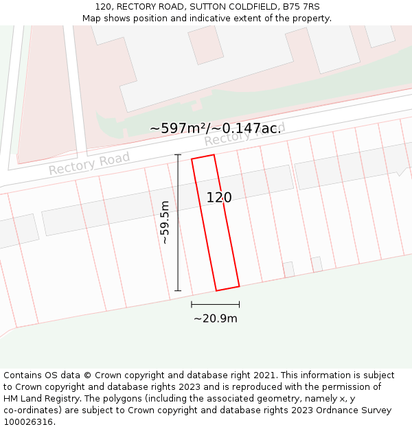 120, RECTORY ROAD, SUTTON COLDFIELD, B75 7RS: Plot and title map