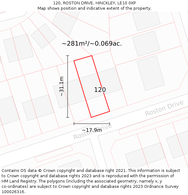 120, ROSTON DRIVE, HINCKLEY, LE10 0XP: Plot and title map