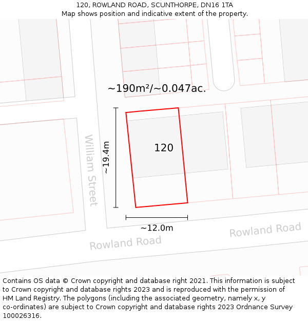 120, ROWLAND ROAD, SCUNTHORPE, DN16 1TA: Plot and title map