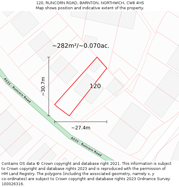 120, RUNCORN ROAD, BARNTON, NORTHWICH, CW8 4HS: Plot and title map