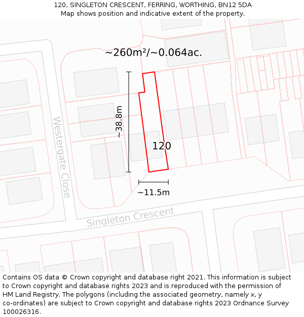 120, SINGLETON CRESCENT, FERRING, WORTHING, BN12 5DA: Plot and title map
