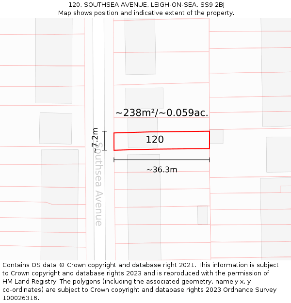 120, SOUTHSEA AVENUE, LEIGH-ON-SEA, SS9 2BJ: Plot and title map