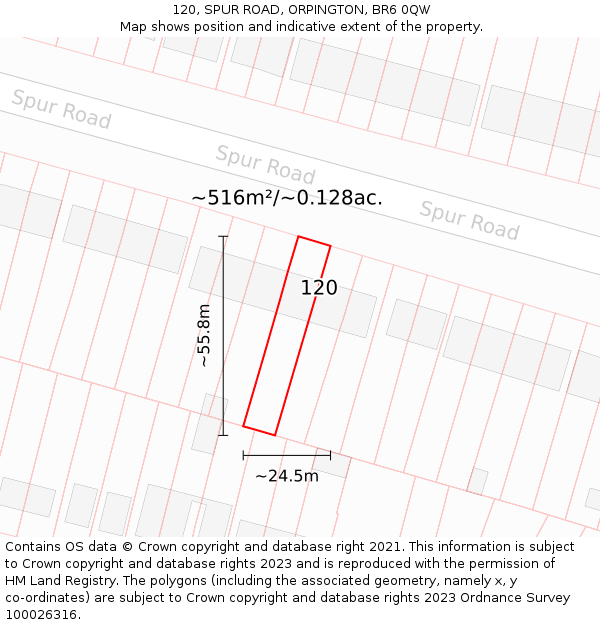 120, SPUR ROAD, ORPINGTON, BR6 0QW: Plot and title map