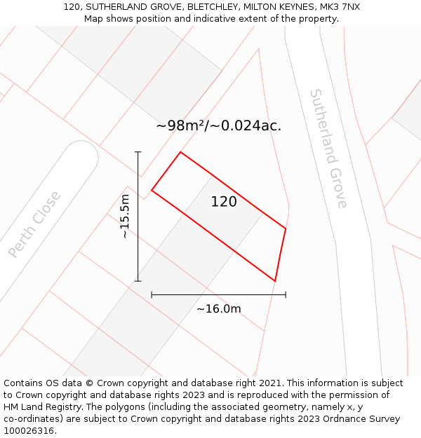 120, SUTHERLAND GROVE, BLETCHLEY, MILTON KEYNES, MK3 7NX: Plot and title map
