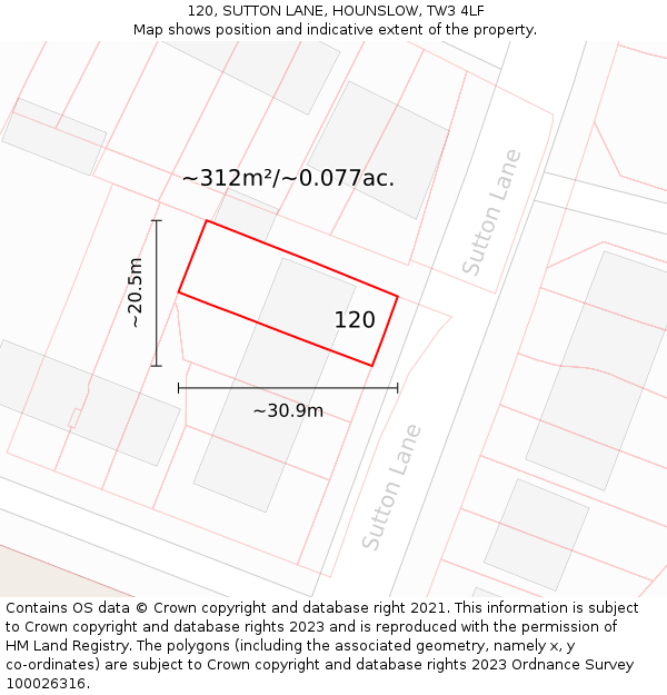 120, SUTTON LANE, HOUNSLOW, TW3 4LF: Plot and title map