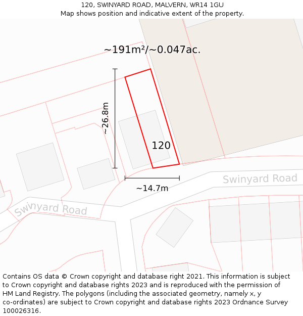 120, SWINYARD ROAD, MALVERN, WR14 1GU: Plot and title map