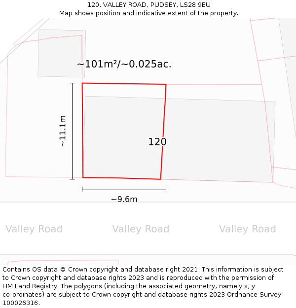 120, VALLEY ROAD, PUDSEY, LS28 9EU: Plot and title map