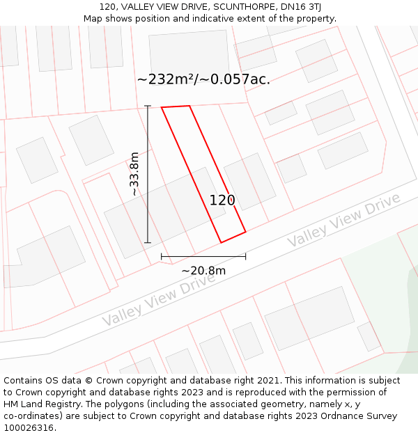 120, VALLEY VIEW DRIVE, SCUNTHORPE, DN16 3TJ: Plot and title map