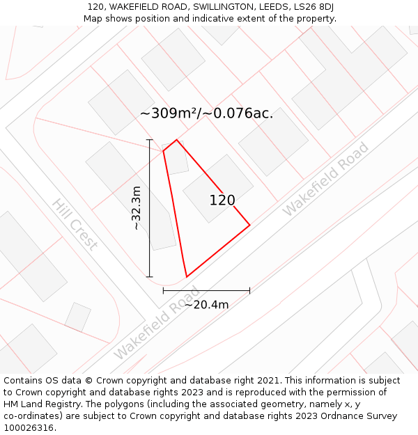 120, WAKEFIELD ROAD, SWILLINGTON, LEEDS, LS26 8DJ: Plot and title map