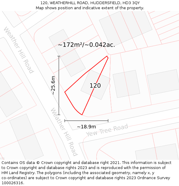 120, WEATHERHILL ROAD, HUDDERSFIELD, HD3 3QY: Plot and title map