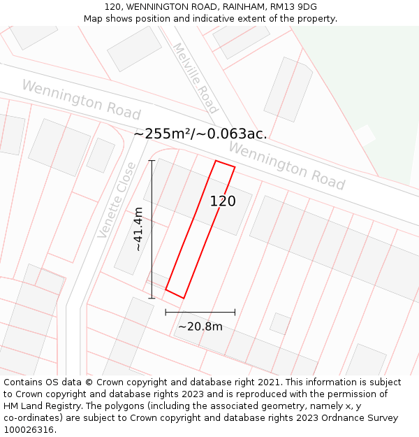 120, WENNINGTON ROAD, RAINHAM, RM13 9DG: Plot and title map