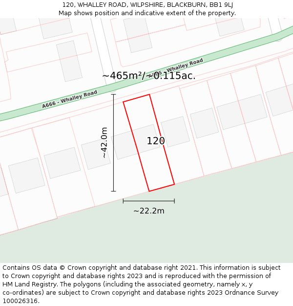 120, WHALLEY ROAD, WILPSHIRE, BLACKBURN, BB1 9LJ: Plot and title map