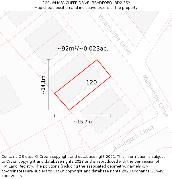 120, WHARNCLIFFE DRIVE, BRADFORD, BD2 3SY: Plot and title map