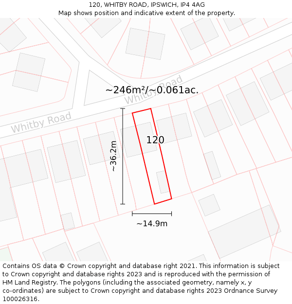 120, WHITBY ROAD, IPSWICH, IP4 4AG: Plot and title map