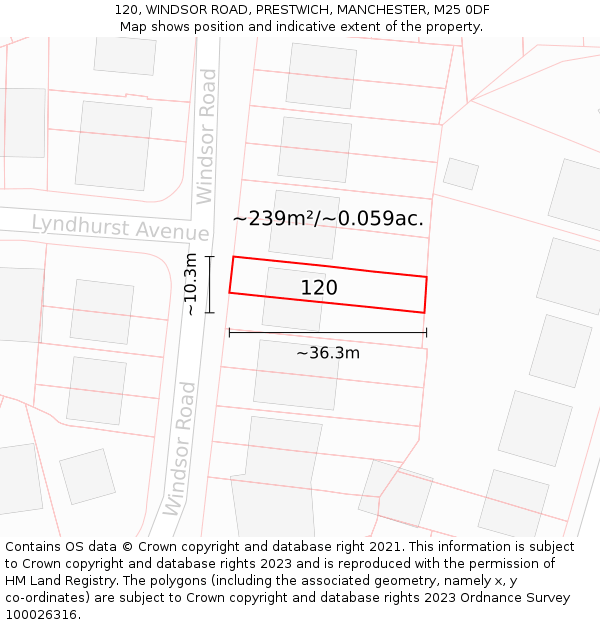 120, WINDSOR ROAD, PRESTWICH, MANCHESTER, M25 0DF: Plot and title map