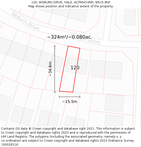 120, WOBURN DRIVE, HALE, ALTRINCHAM, WA15 8NF: Plot and title map