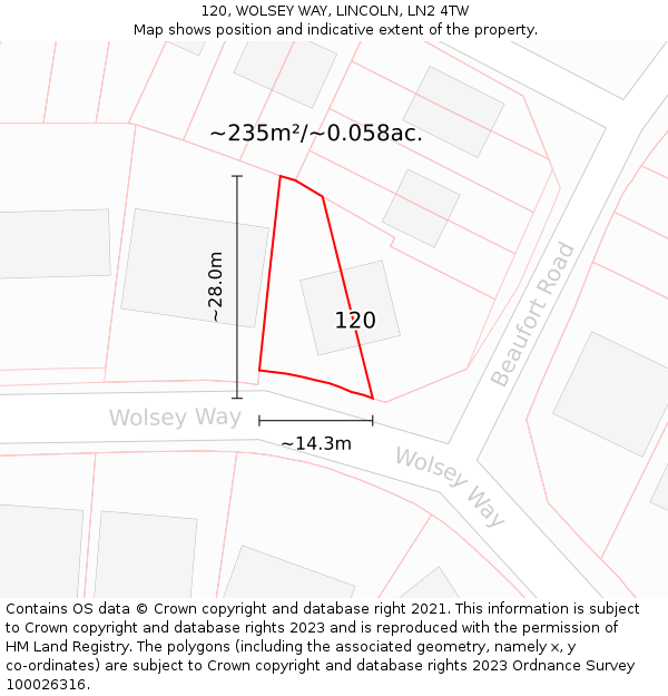 120, WOLSEY WAY, LINCOLN, LN2 4TW: Plot and title map