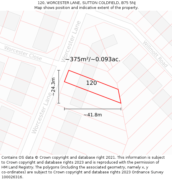 120, WORCESTER LANE, SUTTON COLDFIELD, B75 5NJ: Plot and title map