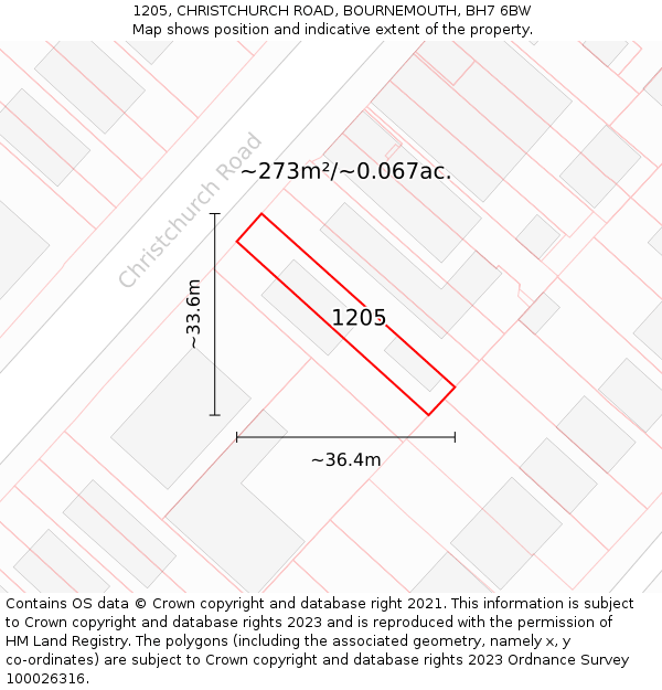 1205, CHRISTCHURCH ROAD, BOURNEMOUTH, BH7 6BW: Plot and title map