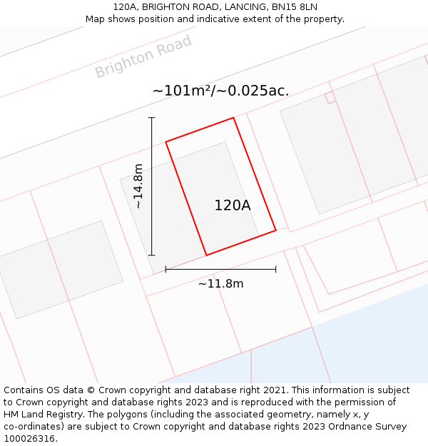 120A, BRIGHTON ROAD, LANCING, BN15 8LN: Plot and title map