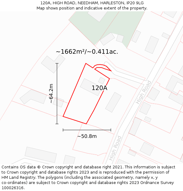 120A, HIGH ROAD, NEEDHAM, HARLESTON, IP20 9LG: Plot and title map