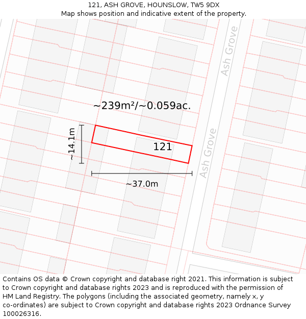 121, ASH GROVE, HOUNSLOW, TW5 9DX: Plot and title map