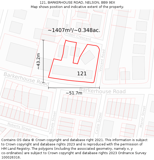 121, BARKERHOUSE ROAD, NELSON, BB9 9EX: Plot and title map