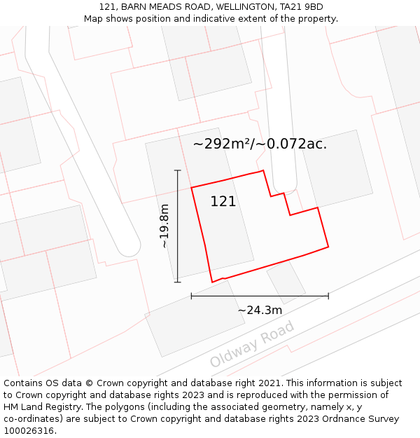 121, BARN MEADS ROAD, WELLINGTON, TA21 9BD: Plot and title map