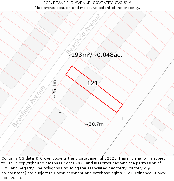 121, BEANFIELD AVENUE, COVENTRY, CV3 6NY: Plot and title map