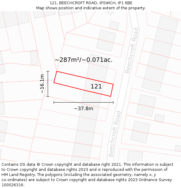 121, BEECHCROFT ROAD, IPSWICH, IP1 6BE: Plot and title map