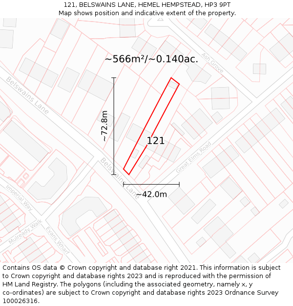 121, BELSWAINS LANE, HEMEL HEMPSTEAD, HP3 9PT: Plot and title map
