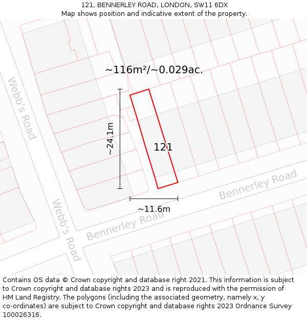 121, BENNERLEY ROAD, LONDON, SW11 6DX: Plot and title map