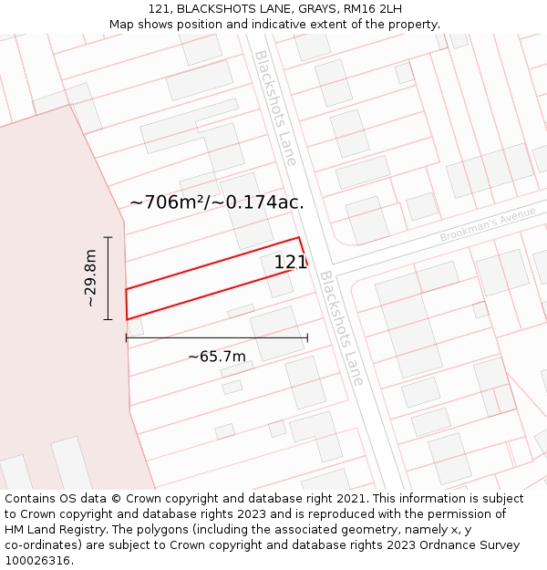 121, BLACKSHOTS LANE, GRAYS, RM16 2LH: Plot and title map