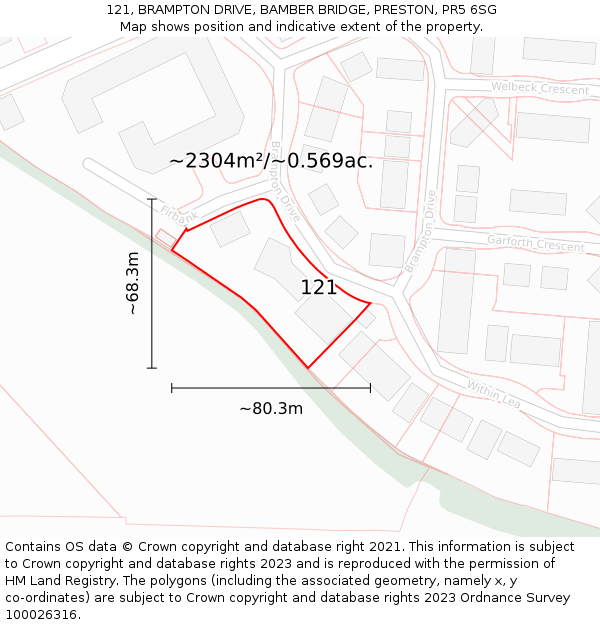 121, BRAMPTON DRIVE, BAMBER BRIDGE, PRESTON, PR5 6SG: Plot and title map