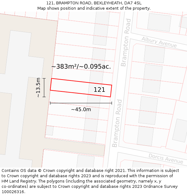 121, BRAMPTON ROAD, BEXLEYHEATH, DA7 4SL: Plot and title map